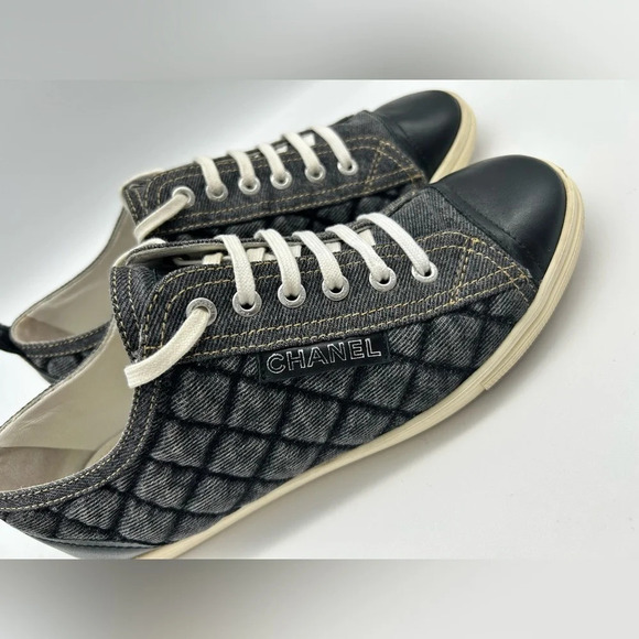 Chanel quilted denim leather lined low top sneakers shoes authentic 38 - Picture 3 of 15